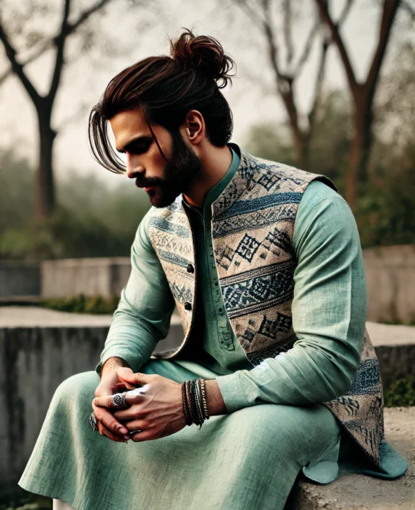Mint Green Kurta with Patterned Vest
